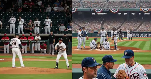 A baseball game scene featuring Baseball Probable Pitchers on the field, a bustling crowd in the stands, and coaches interacting in dugouts.